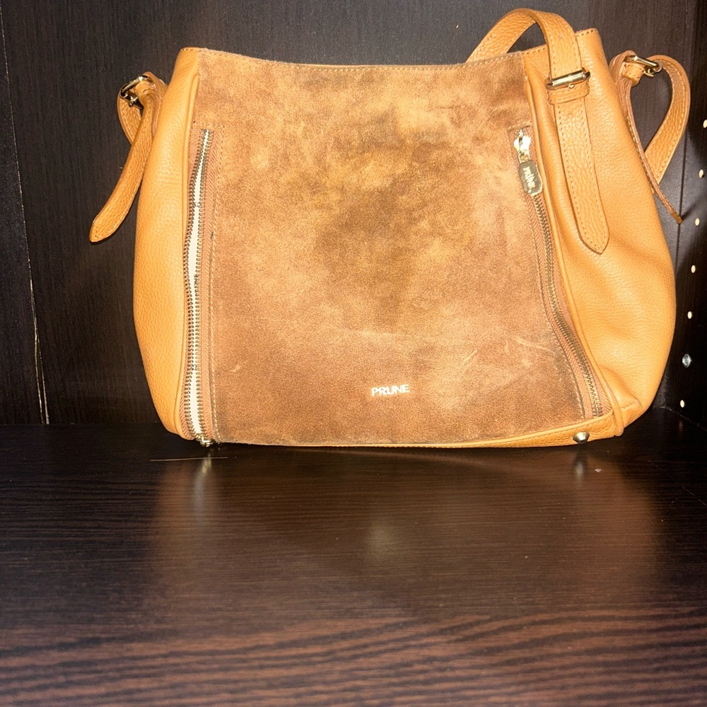 Prune Brown and Tan Shoulder Bag with Suede and Leather Accents